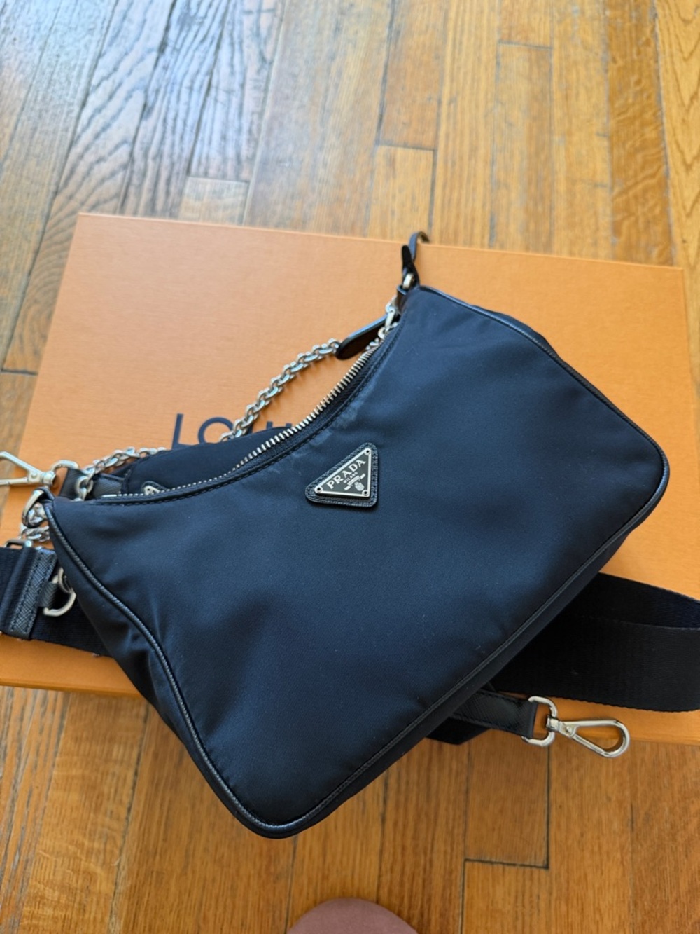 Prada Black Nylon Crescent Shoulder Bag with Chain and Strap - Picture 7 of 7